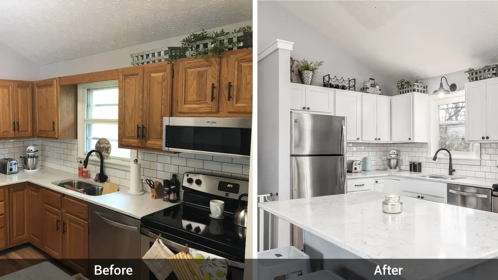 Before and after comparison of a kitchen remodel changing dated oak cabinets to modern white shaker cabinetry.