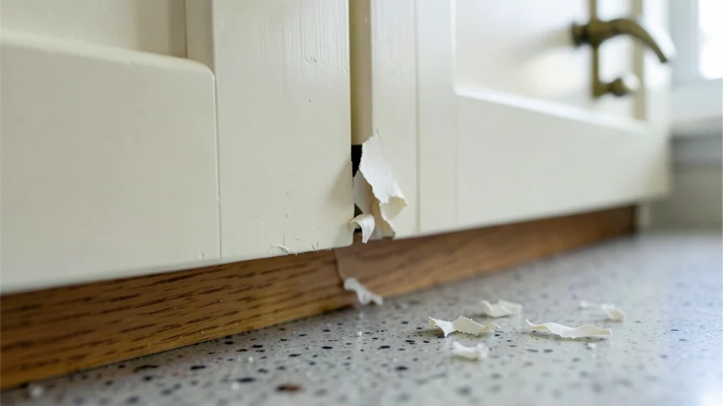 Close-up of cream kitchen cabinet doors with severely peeling and flaking paint along the bottom edges.