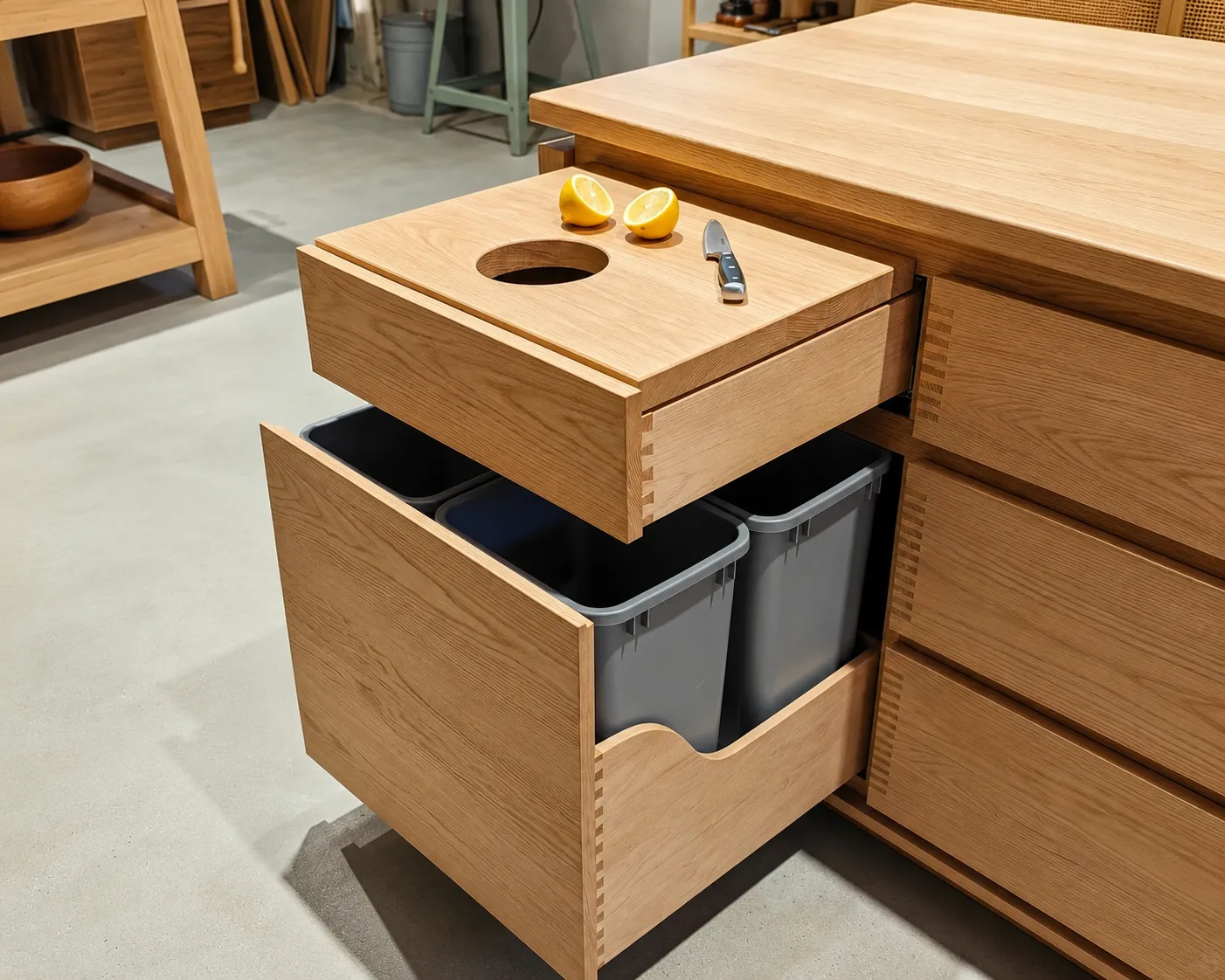 Kitchen island with trash pull-out and cookware storage