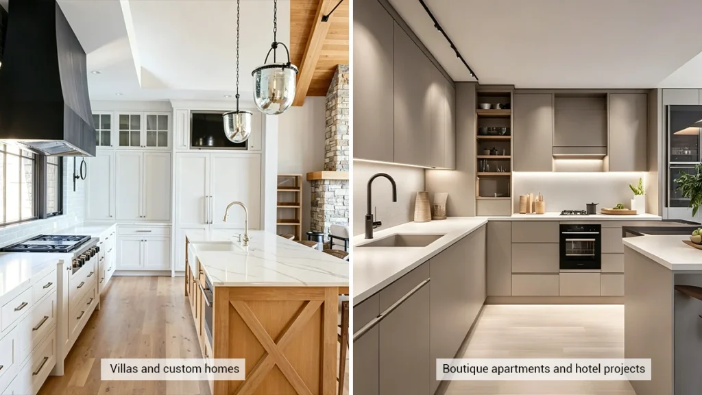 Comparison of white inset Shaker villa cabinets versus modern matte taupe slab doors for boutique apartment projects.