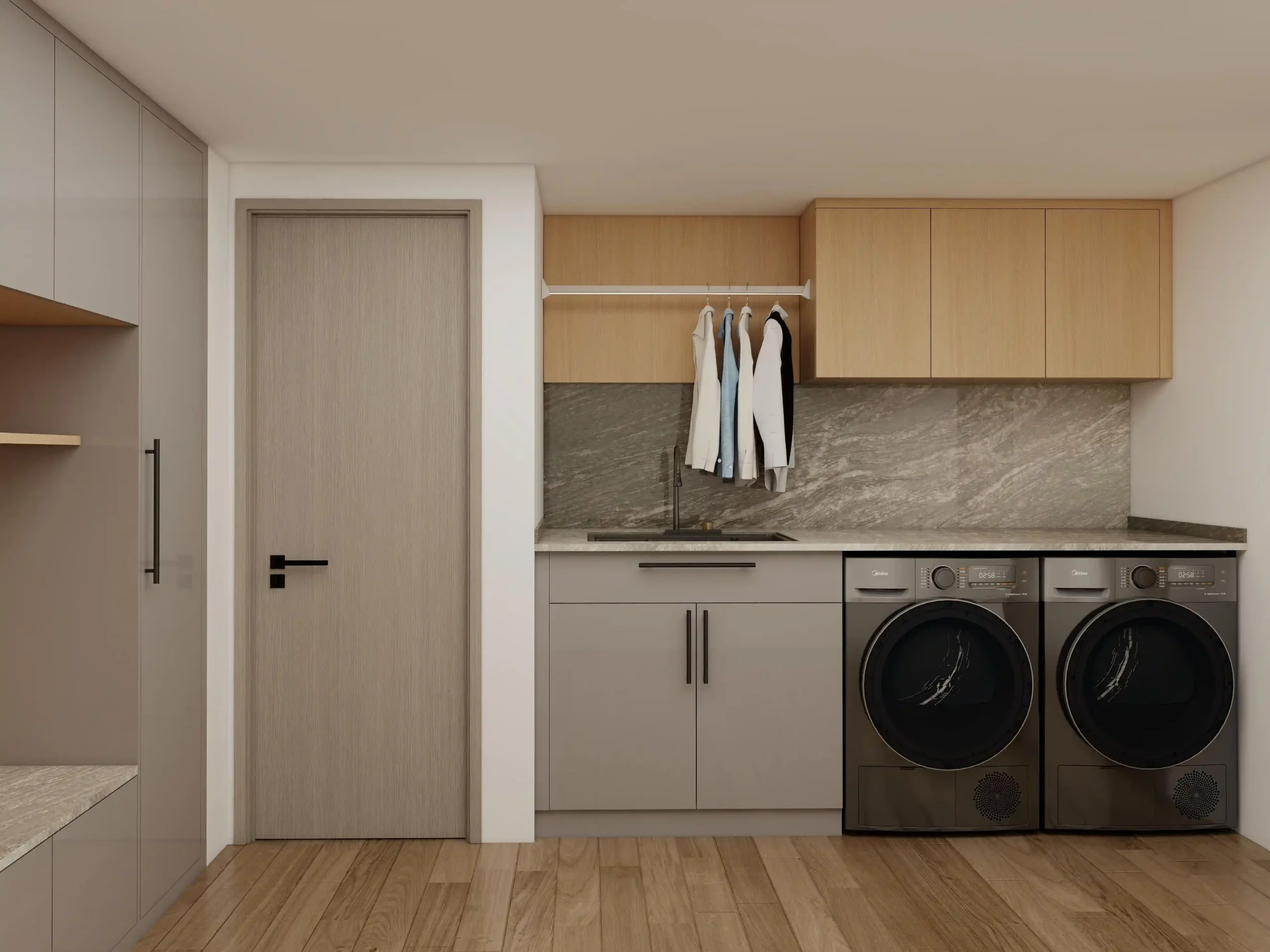 Laundry Room Cabinets integrated washing machine placement elevation plan