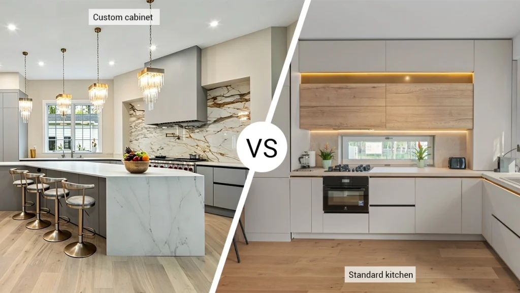Comparison of a luxury villa custom kitchen with a marble island versus a compact standard apartment kitchen setup.
