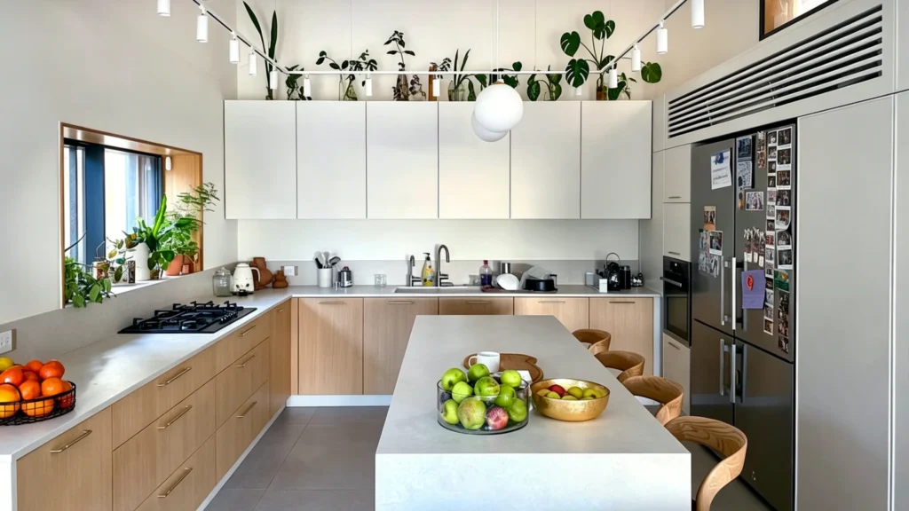 Modern wood and white kitchen featuring potted plants on top of upper cabinets with a large marble island.
