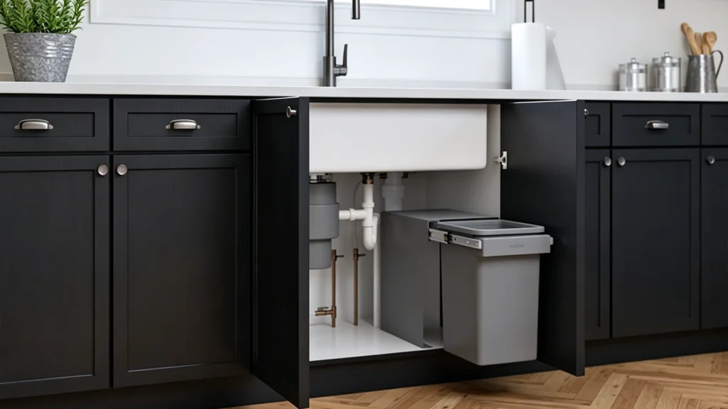Open hotel kitchen sink cabinet showcasing moisture-resistant sealed plywood construction and integrated pull-out trash bin.
