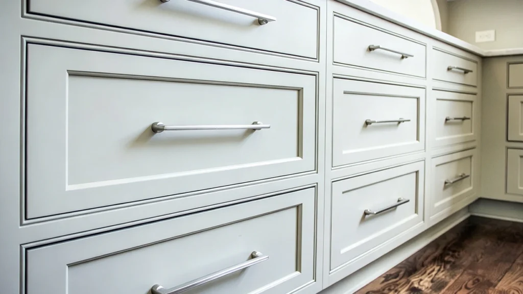Long brushed nickel bar pulls centered on wide light gray shaker drawers in a custom kitchen.