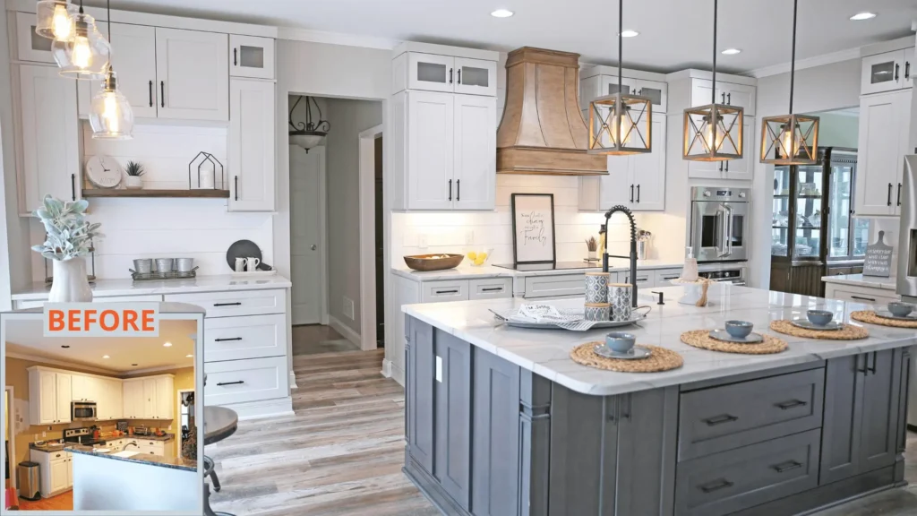 Luxury open kitchen remodel featuring custom white and grey cabinets, large marble island, and wooden range hood.