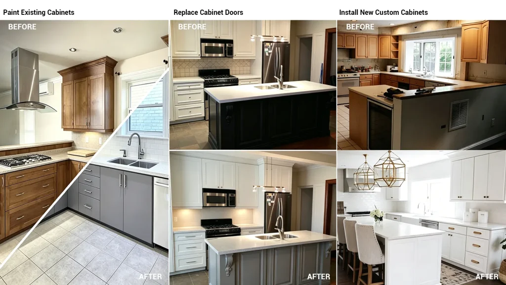 Before-and-after grid comparing painted existing cabinets, replaced doors, and brand-new custom luxury kitchen cabinets.