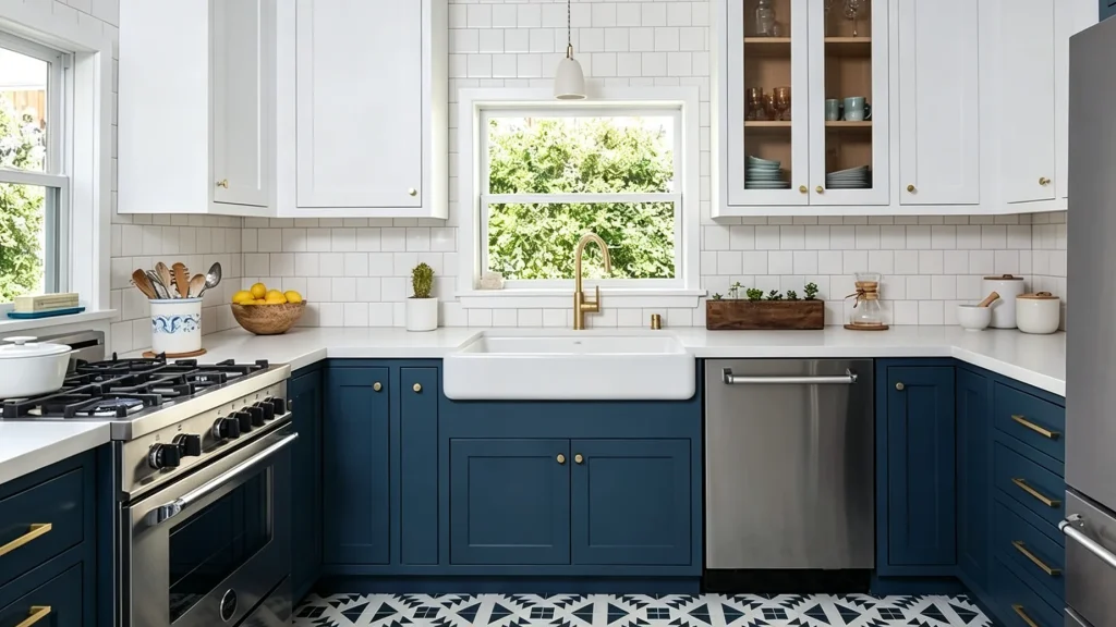 Two-tone kitchen featuring matte navy blue lower cabinets, warm white uppers, gold hardware, and a white farmhouse sink.