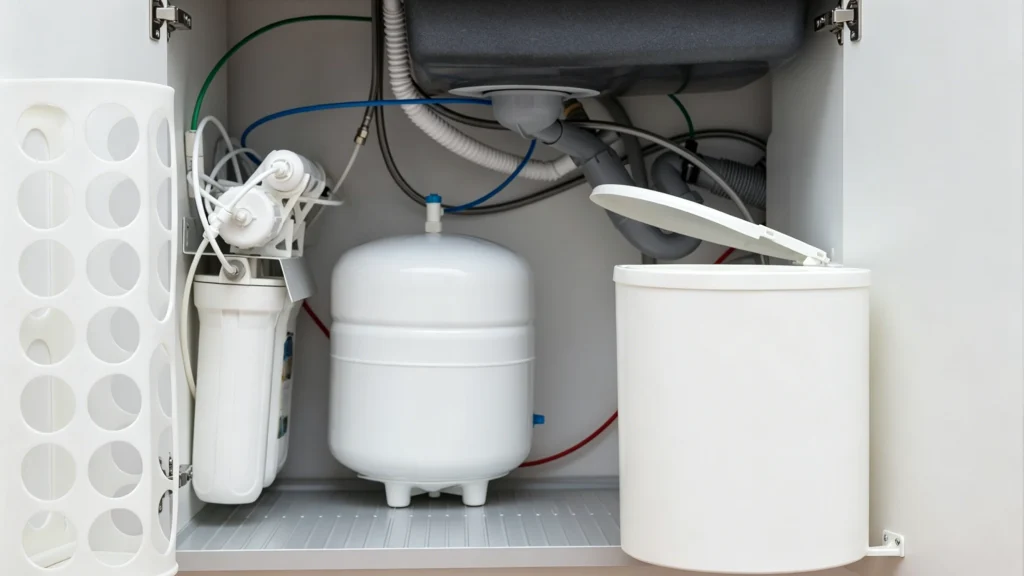 Inside a kitchen sink base cabinet showing a white water filtration system, tank, and trash can under plumbing.