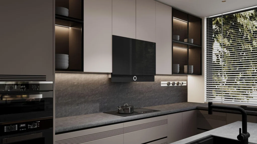 Minimalist custom kitchen cabinets with matte finishes, premium textured countertops, and sleek glass display doors.