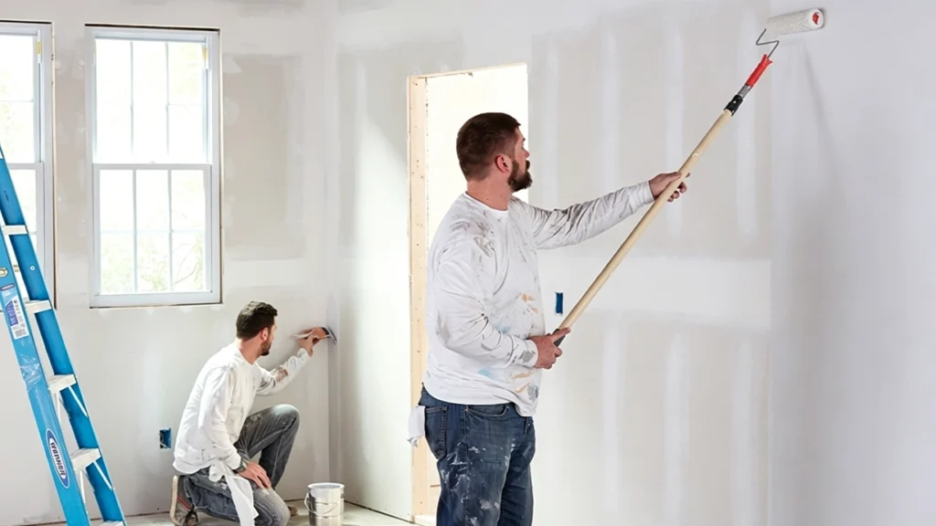 Painters applying white primer to drywall before cabinet installation in a luxury apartment kitchen renovation.