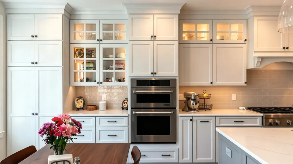 Custom white shaker cabinets built around a stainless steel double wall oven with lighted glass-front display uppers.