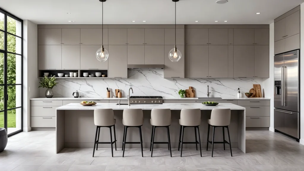 Mushroom taupe flat-panel cabinets with a marble waterfall island and glass pendant lights in a modern open kitchen.