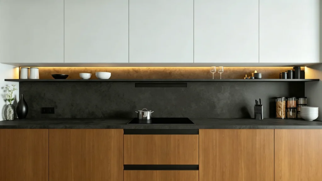 Warm LED strip lighting illuminating a dark backsplash between minimalist white and wood kitchen cabinets.