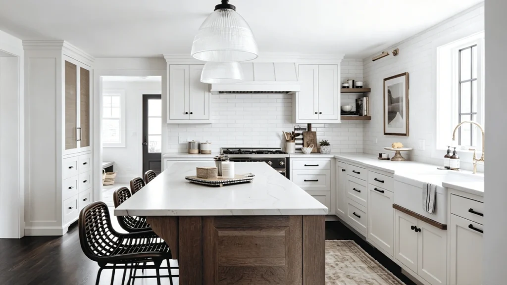 Matte black knobs on upper doors and matching pulls on white lower shaker cabinets in a luxury villa kitchen.