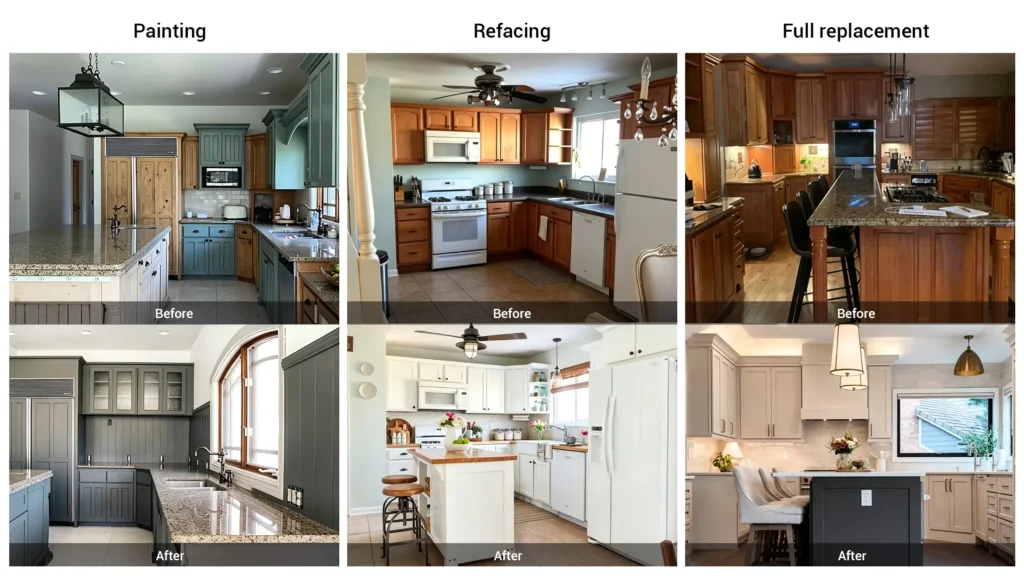 Comparison chart showing before and after results of kitchen cabinet painting, refacing, and full custom replacement.