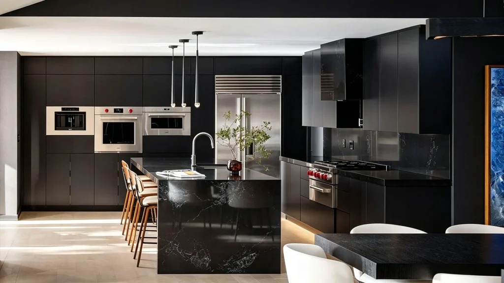 Matte charcoal custom kitchen cabinets paired with a black marble waterfall island and integrated appliances.