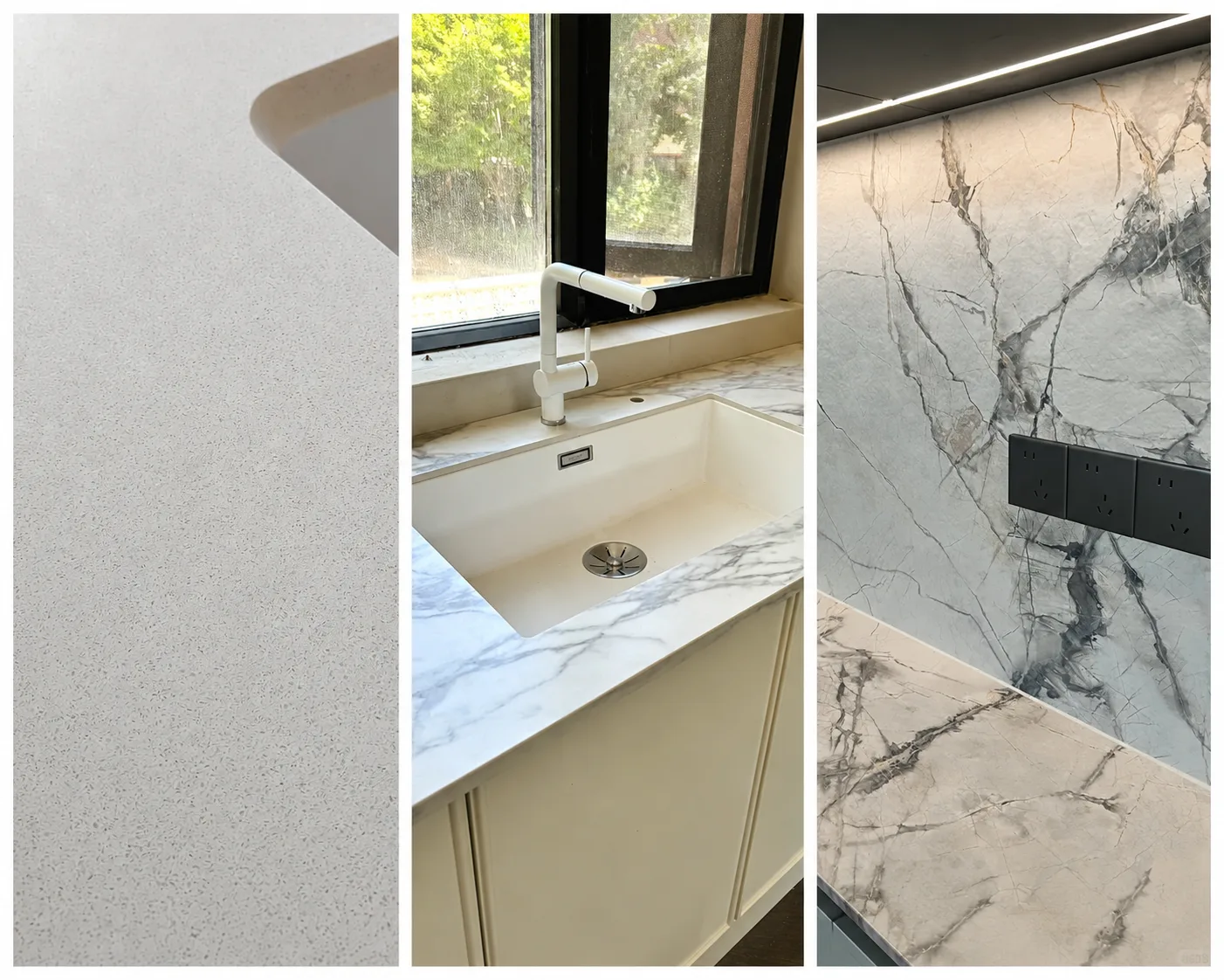 Sintered stone kitchen island countertop with 45-degree mitered waterfall edge