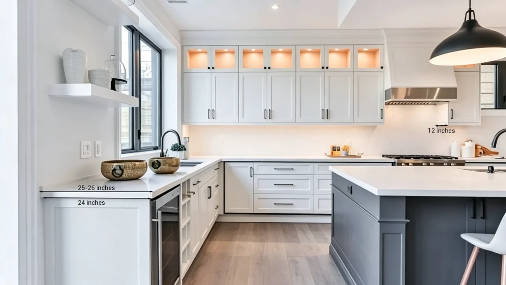 White shaker kitchen with dimension lines showing 12-inch upper and 24-inch base cabinet depth with a gray island.