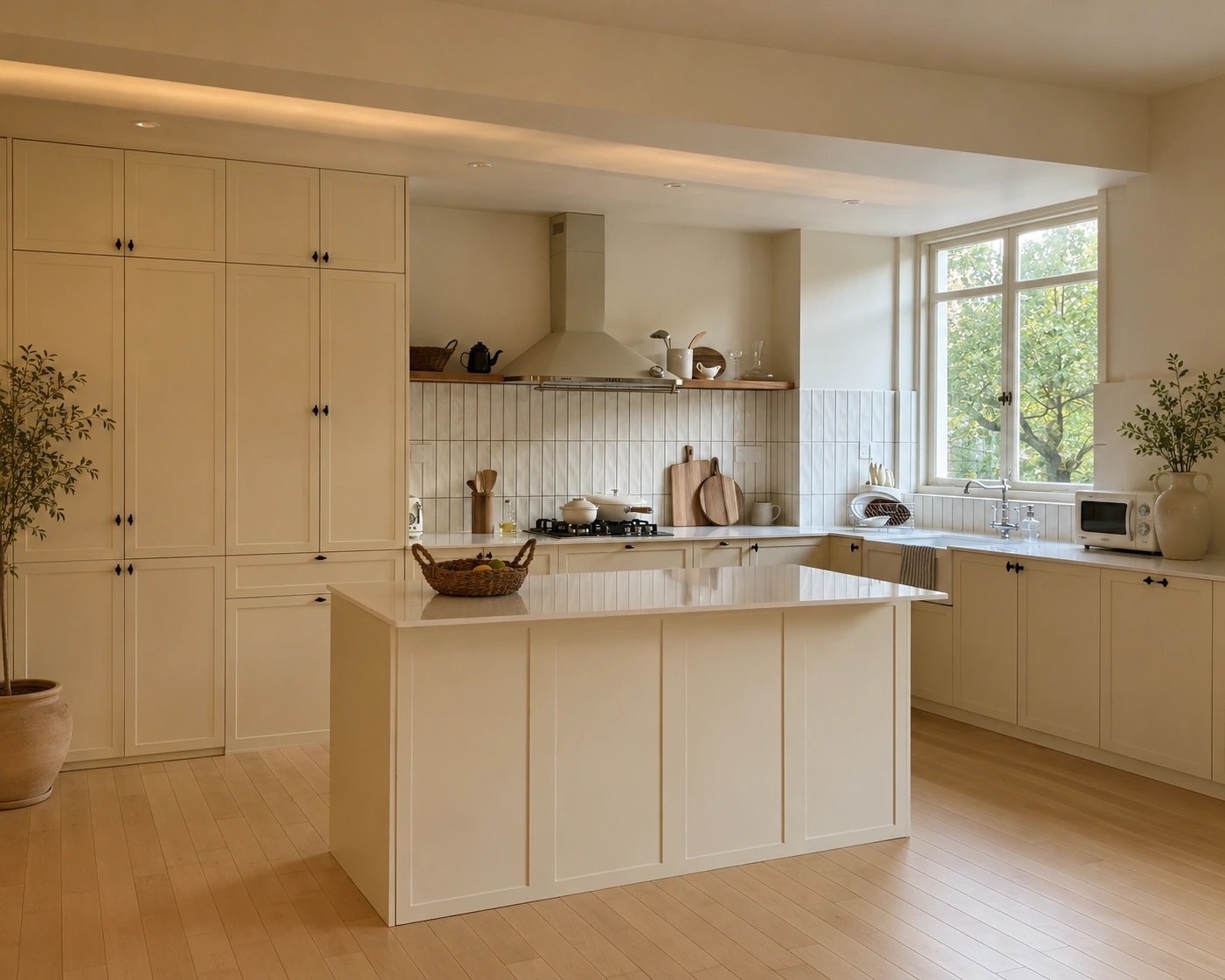 Cross-space cabinet finish matching for cohesive luxury LDK layouts