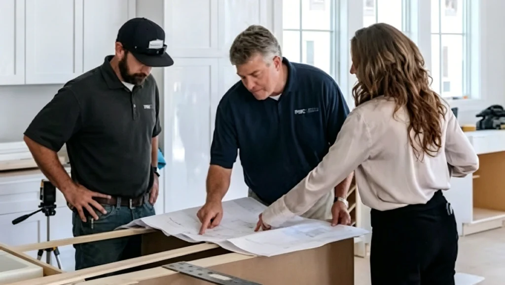 Professionals reviewing a custom kitchen cabinet layout drawing on-site to verify measurements for a remodeling project.