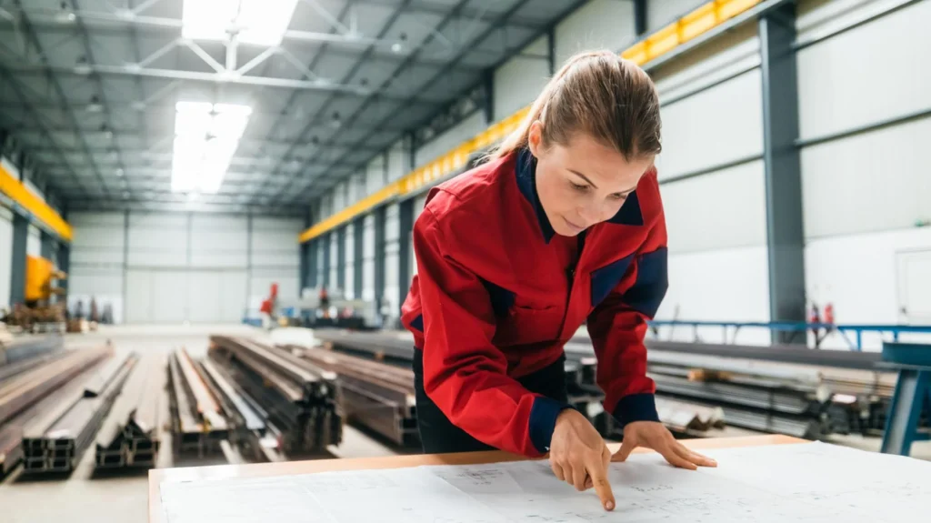 Factory inspector reviewing kitchen cabinet CAD drawings to verify dimensions before manufacturing.
