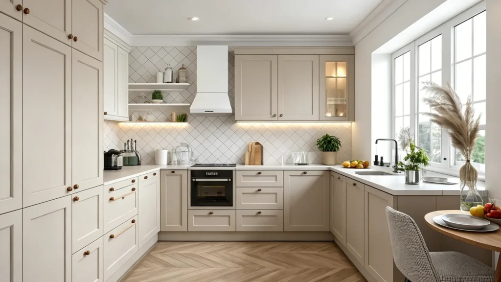 Light taupe shaker cabinets paired with warm white walls and a white diamond tile backsplash in a bright apartment kitchen.