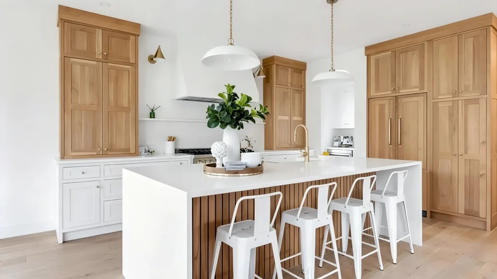 Custom white kitchen cabinets mixed with natural oak wood towers, featuring a matching white waterfall island.