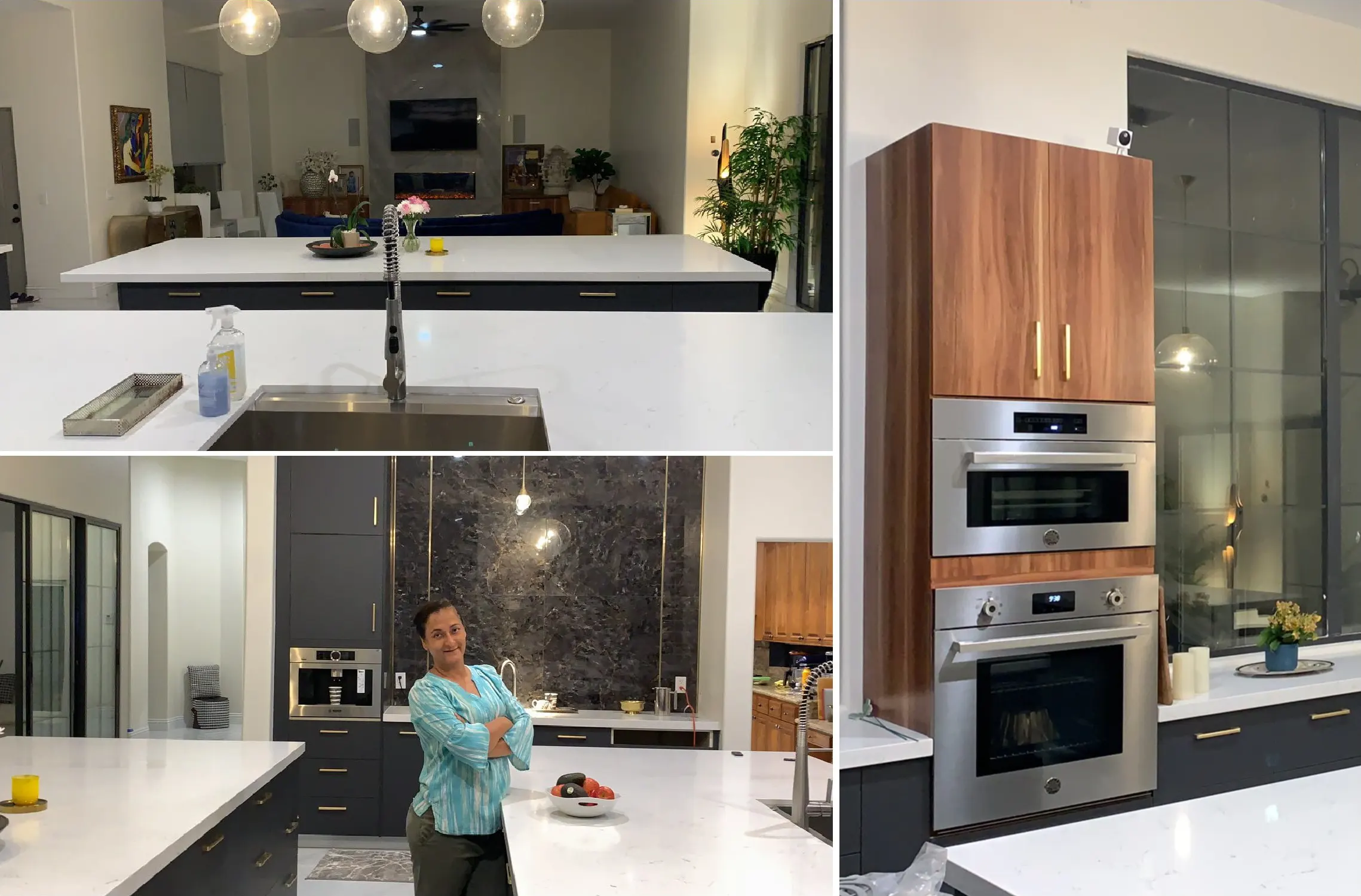 Modern dark gray kitchen island cabinet project with brass handles