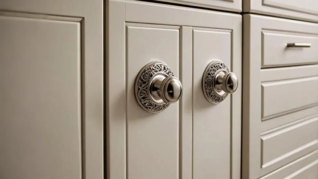 Antique nickel round knobs with ornate engraved backplates on custom beige kitchen cabinets.