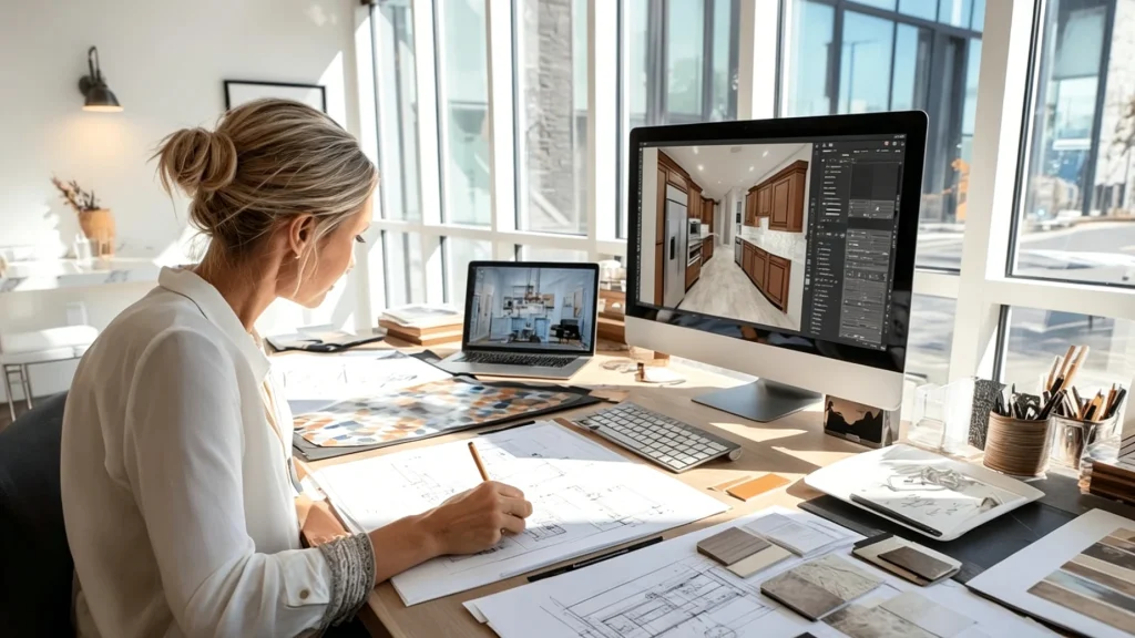 Designer reviewing shop drawings and kitchen 3D renderings on a desktop monitor for a villa cabinetry project.