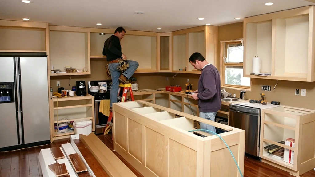 Professional installers fitting unfinished maple cabinets and a large kitchen island for a high-end estate project.