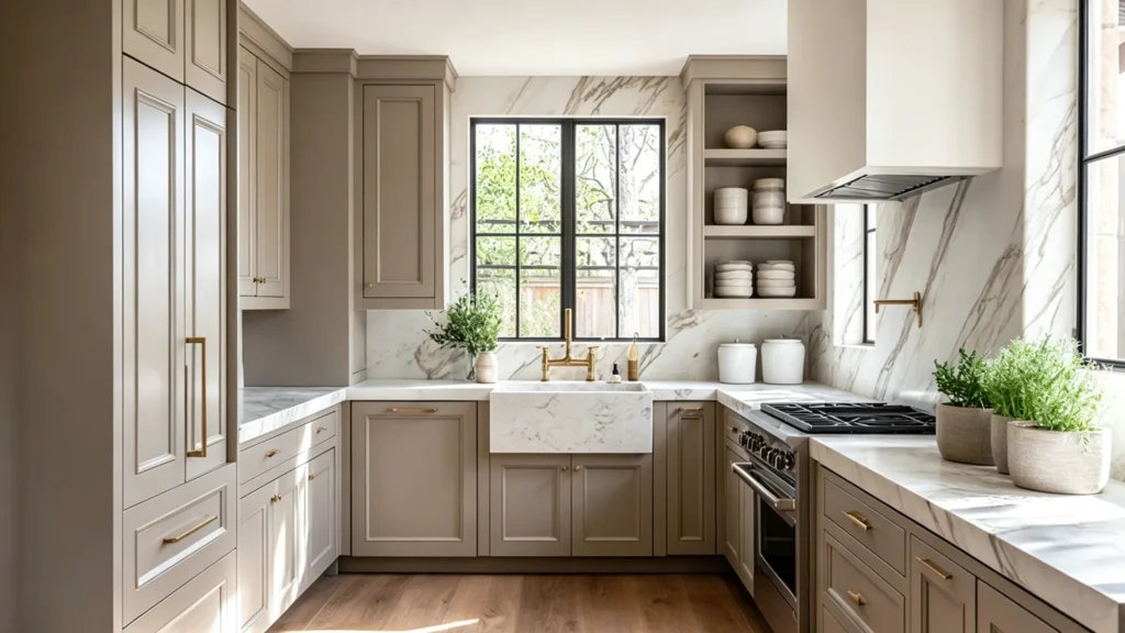 Taupe shaker cabinets paired with a white marble quartz countertop and matching apron-front sink in a modern kitchen.