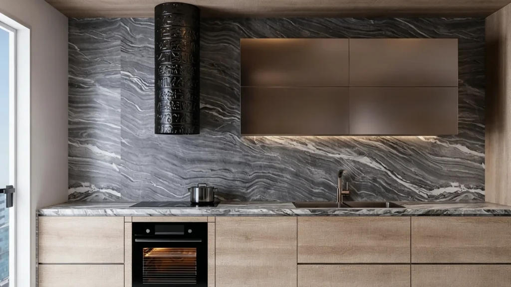 Full-height grey veined marble backsplash extending above luxury metallic cabinets with a black cylindrical range hood.