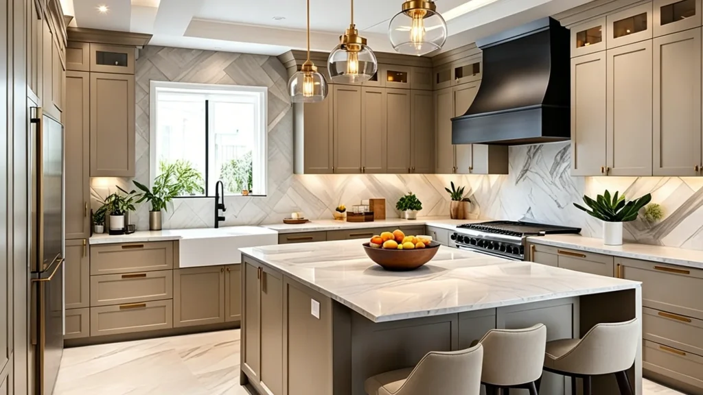 Low-saturation greige Shaker cabinets featuring a white marble island, gold hardware, and a black accent range hood.