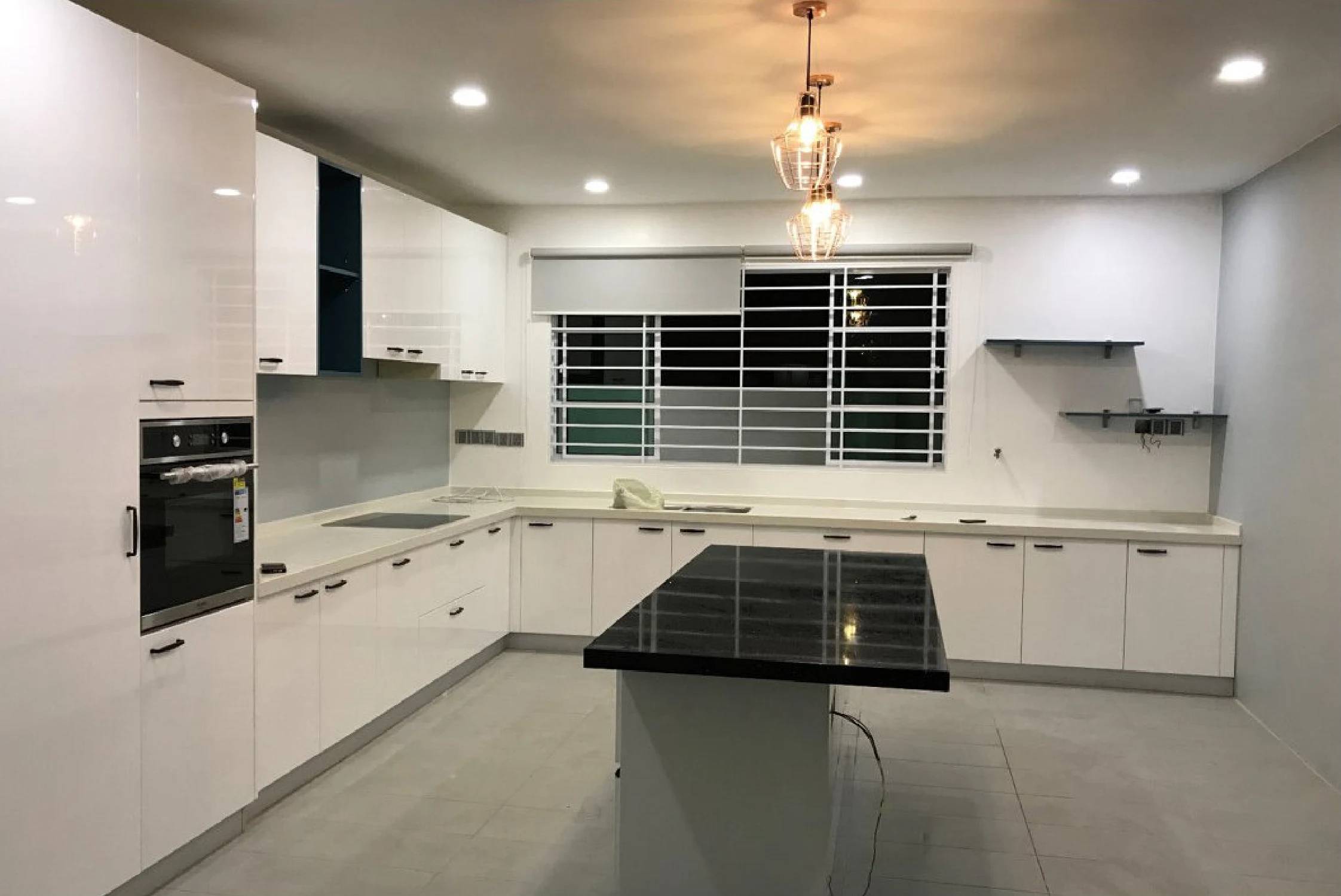 White Gloss Kitchen Cabinet Project with Island - L-Shaped Layout