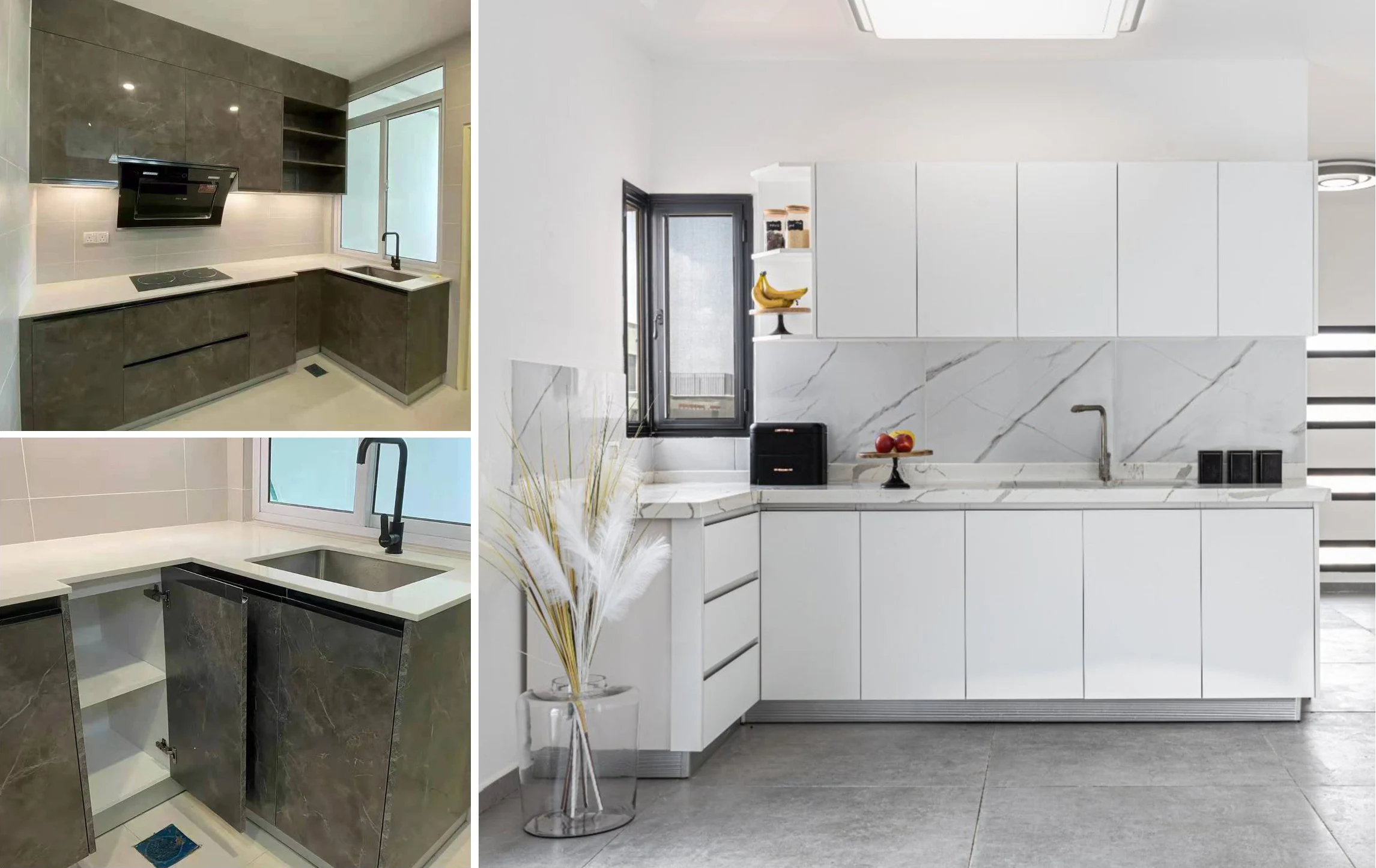 Modern Two-Tone Kitchen Cabinet Project - L-Shaped Layout with Marble Backsplash