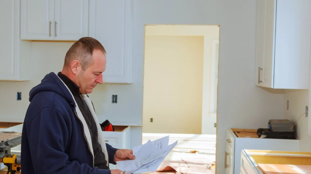 Local installer reviewing factory shop drawings to install white shaker custom cabinets for a luxury villa project.