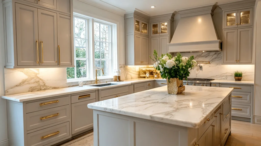 Warm taupe shaker cabinets with a Taj Mahal quartzite island and gold handles in a luxury custom villa kitchen.