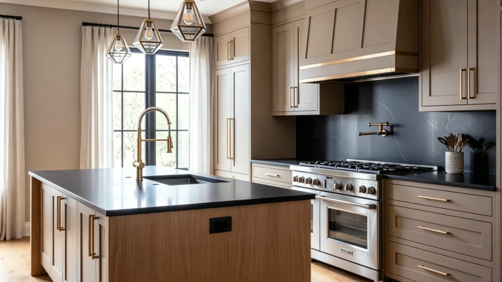 Taupe shaker cabinets paired with black countertops and a matching black backsplash in a high-contrast modern kitchen.