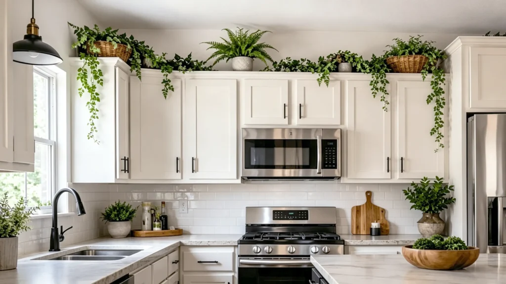 Outdated cascading fake vines and potted ferns filling the space above traditional white shaker kitchen cabinets.