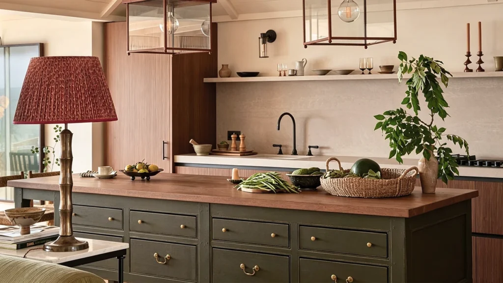 Antique brass statement pulls on a custom olive green kitchen island with wooden countertops in a luxury villa.