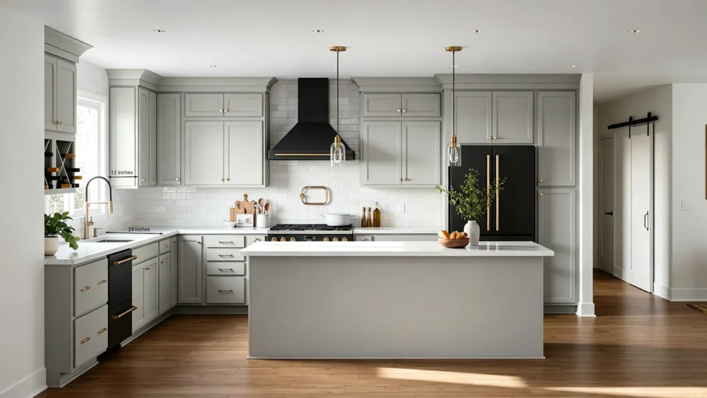 Modern luxury villa kitchen with gray-green shaker cabinets showing standard 12-inch upper and 24-inch base cabinet depths.