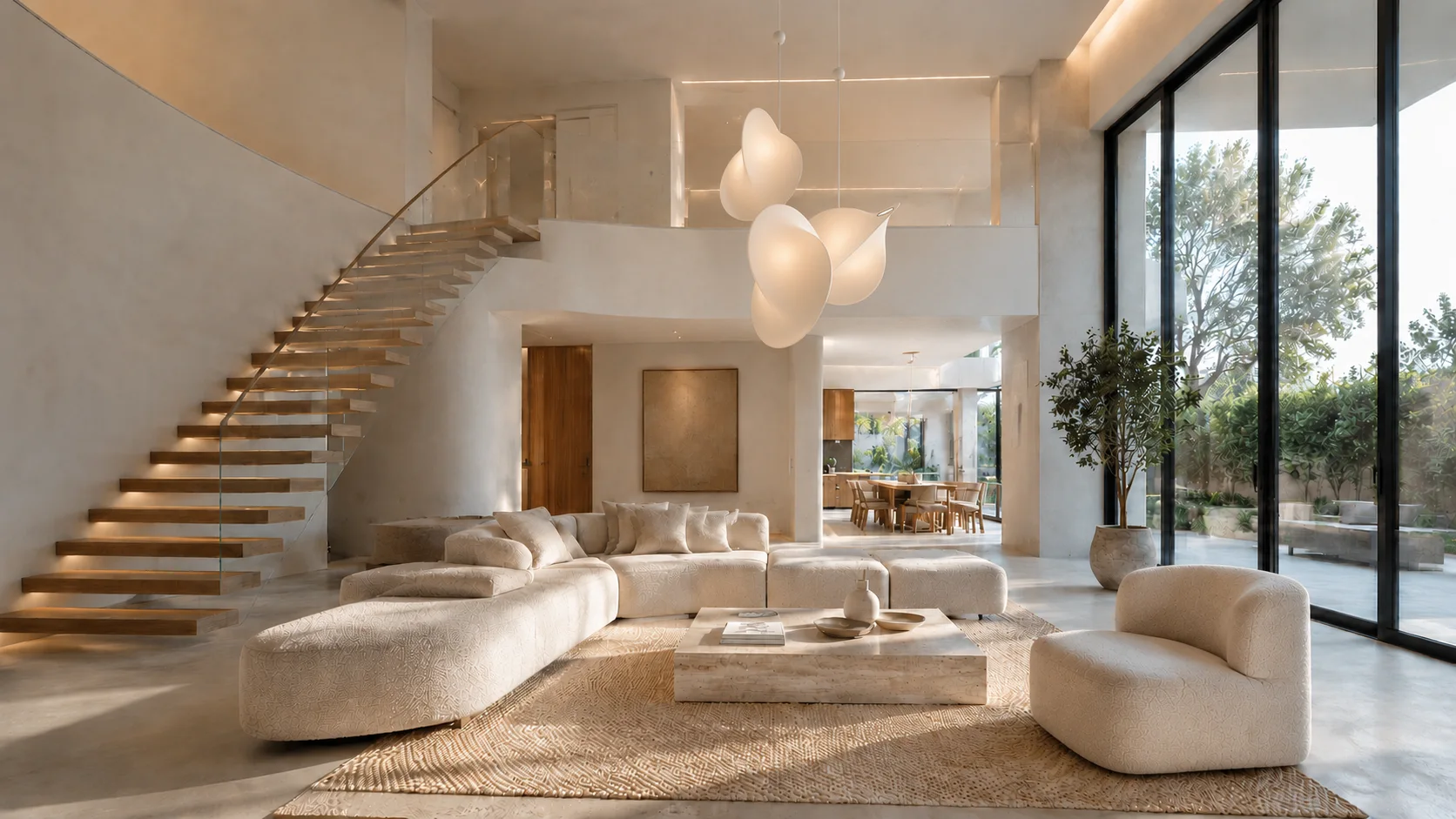 Custom building materials from China for a villa interior project with living room, lighting, doors, flooring, and furniture