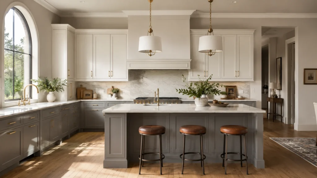 Soft greige walls frame off-white upper cabinets and mid-grey lower units in a luxury villa kitchen.
