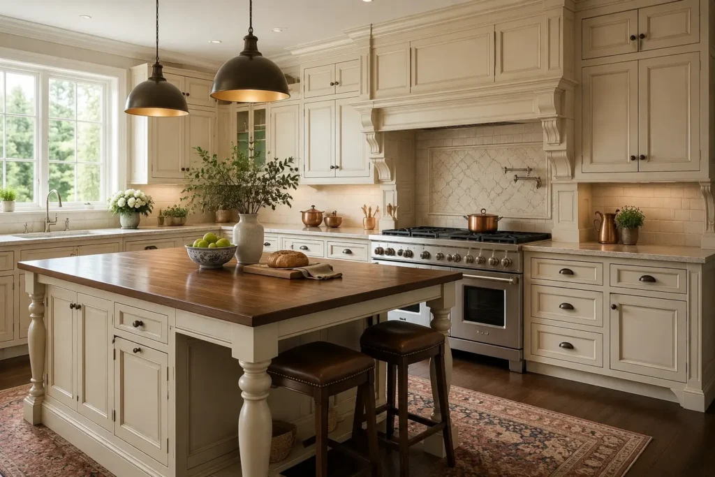 Antique white inset cabinets with raised panels and a dark wood-top island in a traditional American villa kitchen.