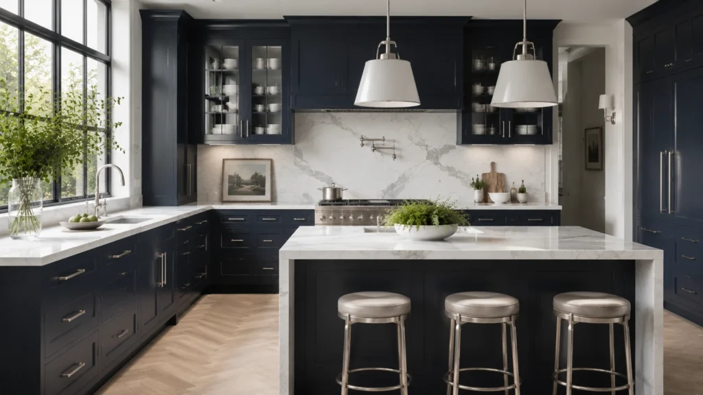 Navy blue kitchen cabinets with cool white marble countertops, a waterfall island, and silver hardware in a luxury home.