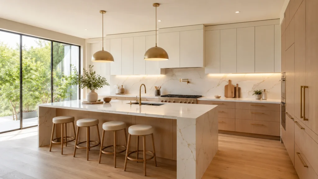 Modern villa kitchen featuring white marble countertops paired with warm white uppers and light oak base cabinets.