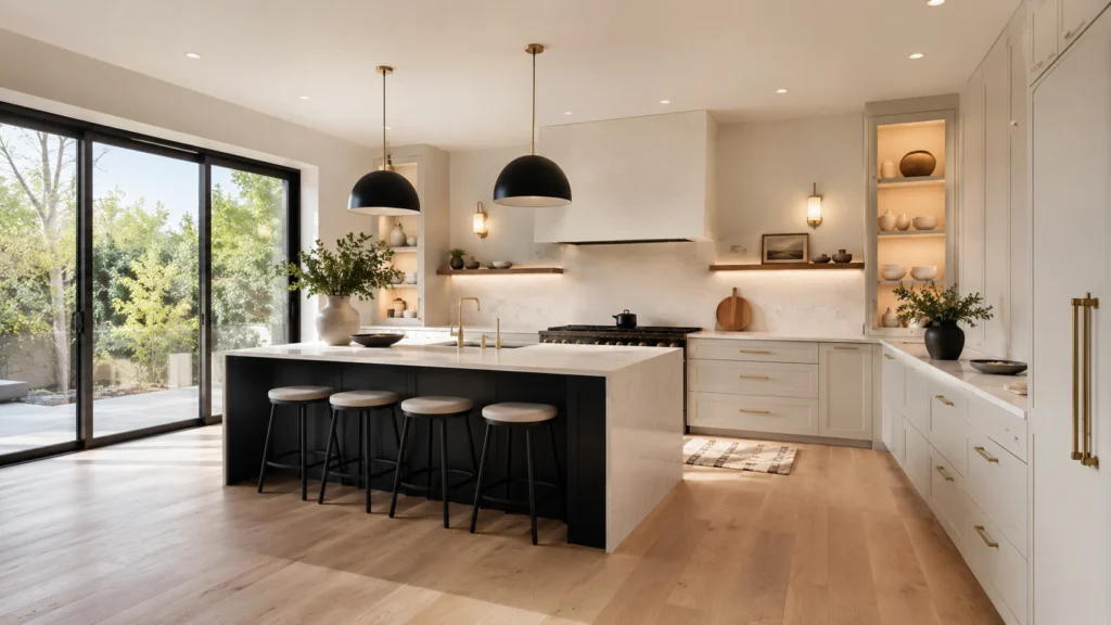 Bright villa kitchen with light oak wood floors, a black island base, and white waterfall stone countertops.