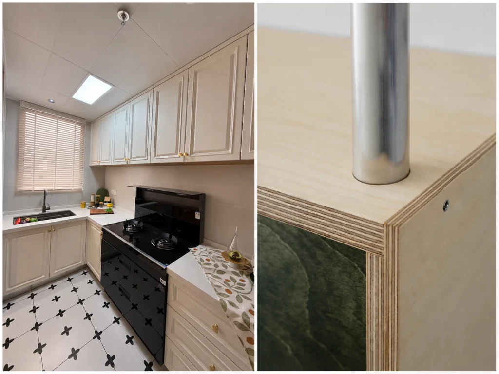 A cream shaker kitchen split with a close-up of a multi-layer plywood cabinet box showing durable edge sealing.